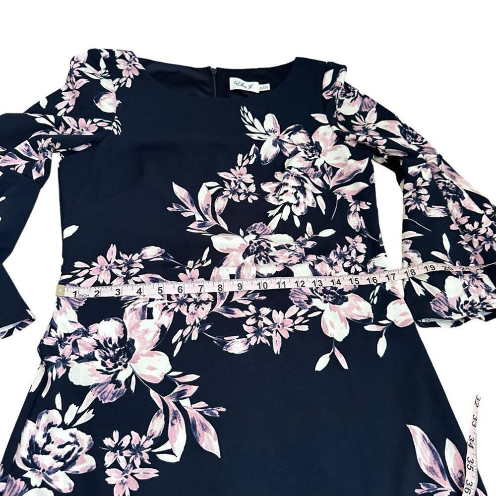 Eliza J Navy Blue Pink Floral Bell Sleeve Shift Dress Women 10 Elegant Wedding - Picture 9 of 16